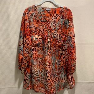 Roz & Ali print sheer 3/4 sleeve top. 3X